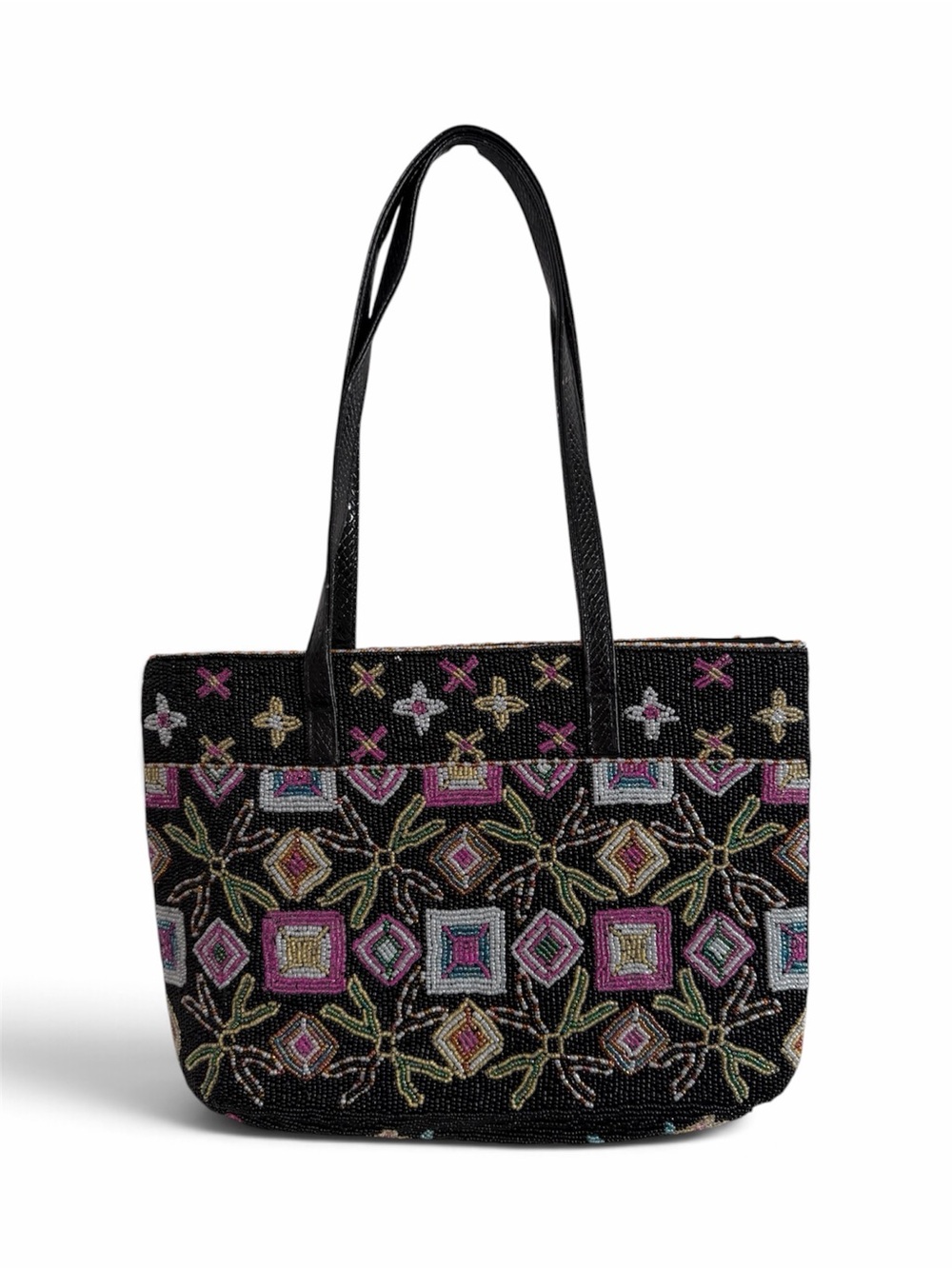 Vintage Black Multicolor Geometric Floral Beaded Shoulder Tote Bag